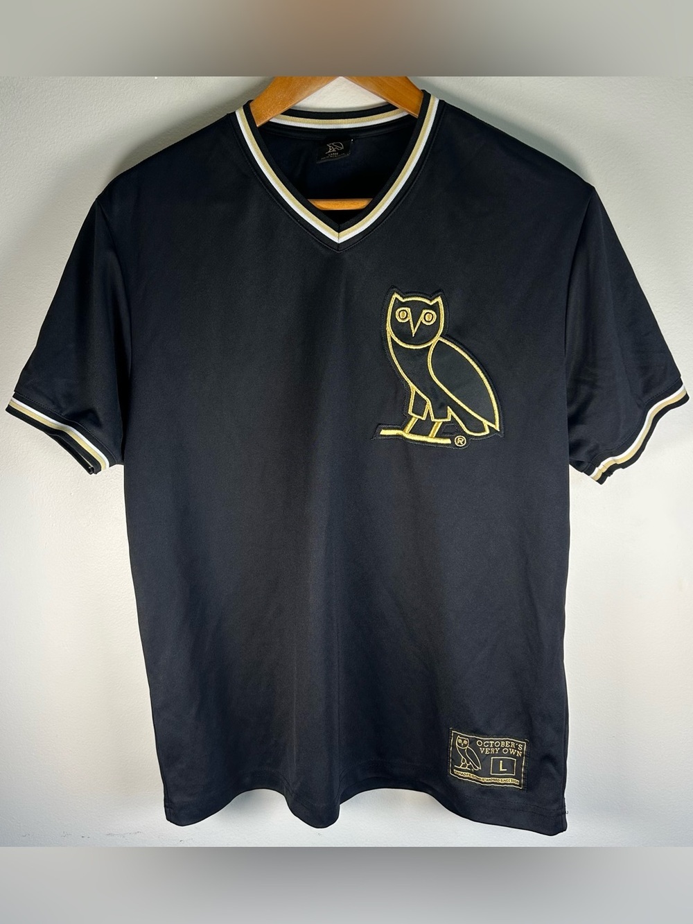 OVO Jersey Shirt Size L V-Neck Gold Black Owl Stitched Octobers Very Own Drake
